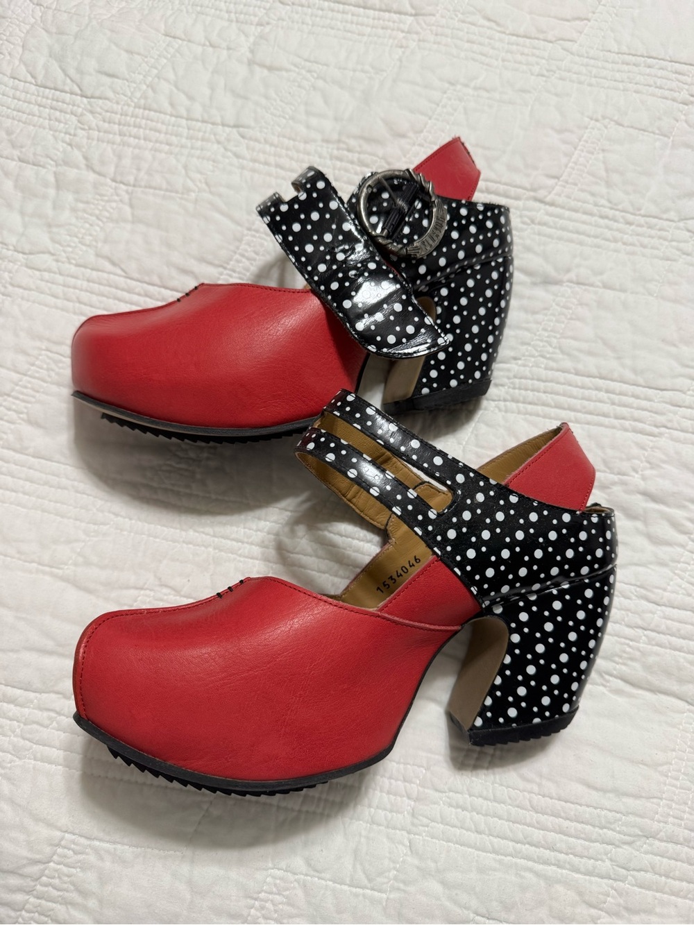 John Fluevog Red Polka Dot Leather Mary Jane Platform Pumps - Picture 2 of 4